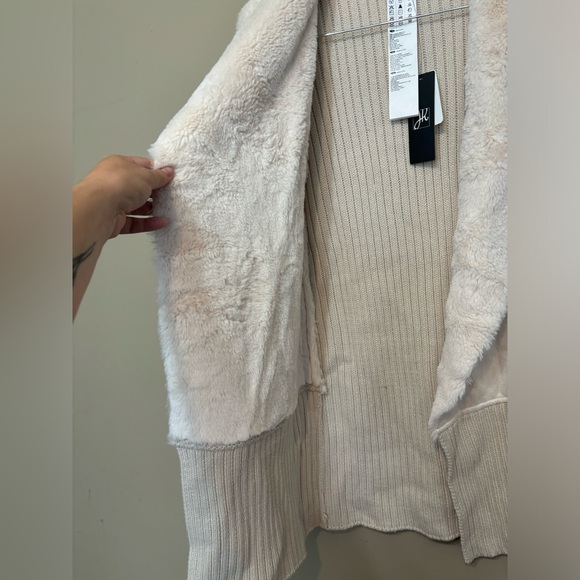 JOSEPH RIBKOFF NWT Open Knit Cardigan, Faux Fur Collar, Suede-Like - Picture 10 of 12